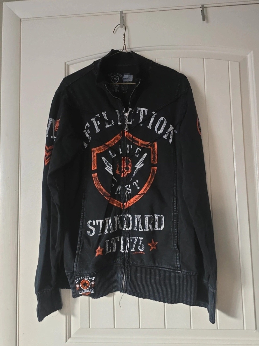 Affliction Black Lightweight Zip-Up Jacket with Orange Graphics